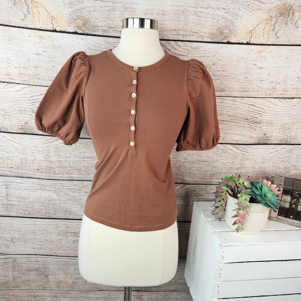 Wilfred Aritzia Brown Puff Sleeve Henley Top Short Sleeve Cotton Stretch XS